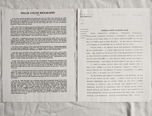 WILLIE COLON Promo Press Kit HONRA Y CULTURA Biografías 2 FOTOS BRILLANTES - Imagen 4 de 6