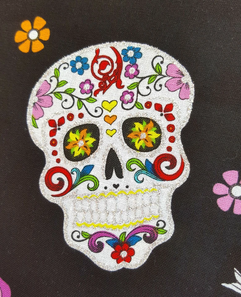 DAY OF DEAD GLITTER SUGAR SKULL BLACK COTTON FABRIC By Yard SPARROW ROSES GOTH - Image 3 of 4