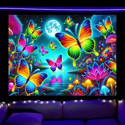 Blacklight Butterfly Tapestry Blacklight Fantasy Forest Tapestry UV Reactive Flo - Picture 2 of 11