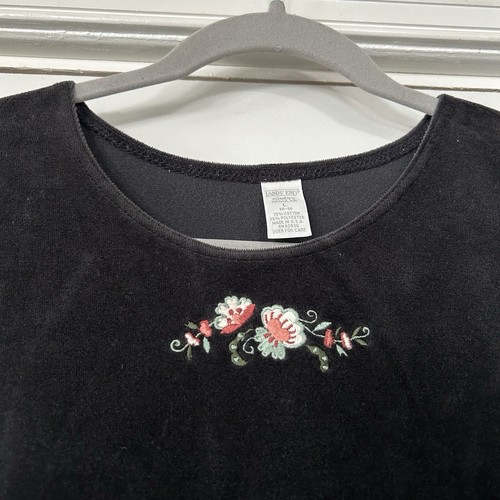 VTG Lands End Black Velvet Maxi Dress Women’s L Floral Embroidery Cottagecore VG - Picture 2 of 10