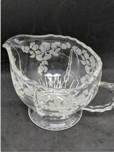 Vintage New Martinsville Creamer + Sugar + Tray Clear Glass Etched Flowers - Picture 6 of 6