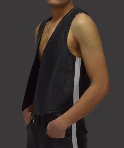 AW-676 leather vest white stripe, motorcycle leather vest, leather vest en Cuir, jacket - Picture 1 of 4
