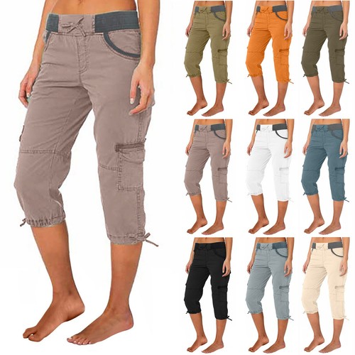Womens Cargo Capris Summer Casual Drawstring Low Waisted Hiking Jogger Pants US