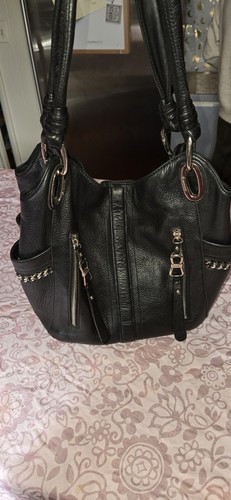 B. Makowsky Leather Hobo Alice Soft Black Biker Satchel Purse Metal Chains Bag - Picture 3 of 12