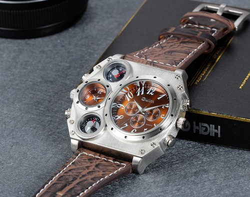 Herren Sport Armee Multifunktionale 2 Zeitzonen Zifferblatt Leder Quarz Armbanduhr - Bild 2 von 18