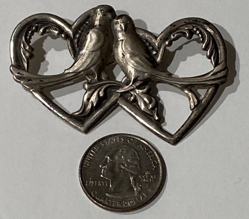 TRUART STERLING Vintage Pin Brooch Double Heart Love Birds Sterling Silver - Picture 5 of 5