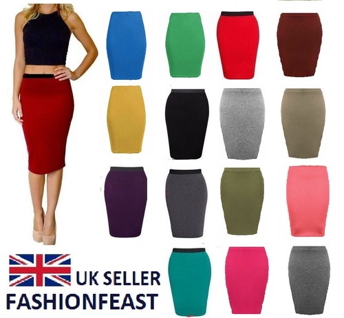 WOMENS MIDI PENCIL SKIRT LADIES PLUS SIZE TUBE SKIRT BODYCON OFFICE 8-26 - Picture 1 of 22