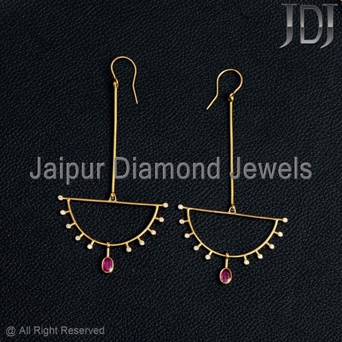 Hook Earring Natural Ruby Gemstone Solid 18k Yellow Gold White Diamond Earring - Picture 10 of 14