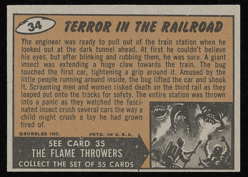 Tarjeta 1962 Topps Mars Attacks #34 Terror In The Railroad EX+ a excelente-como nueva HQ - Imagen 2 de 2