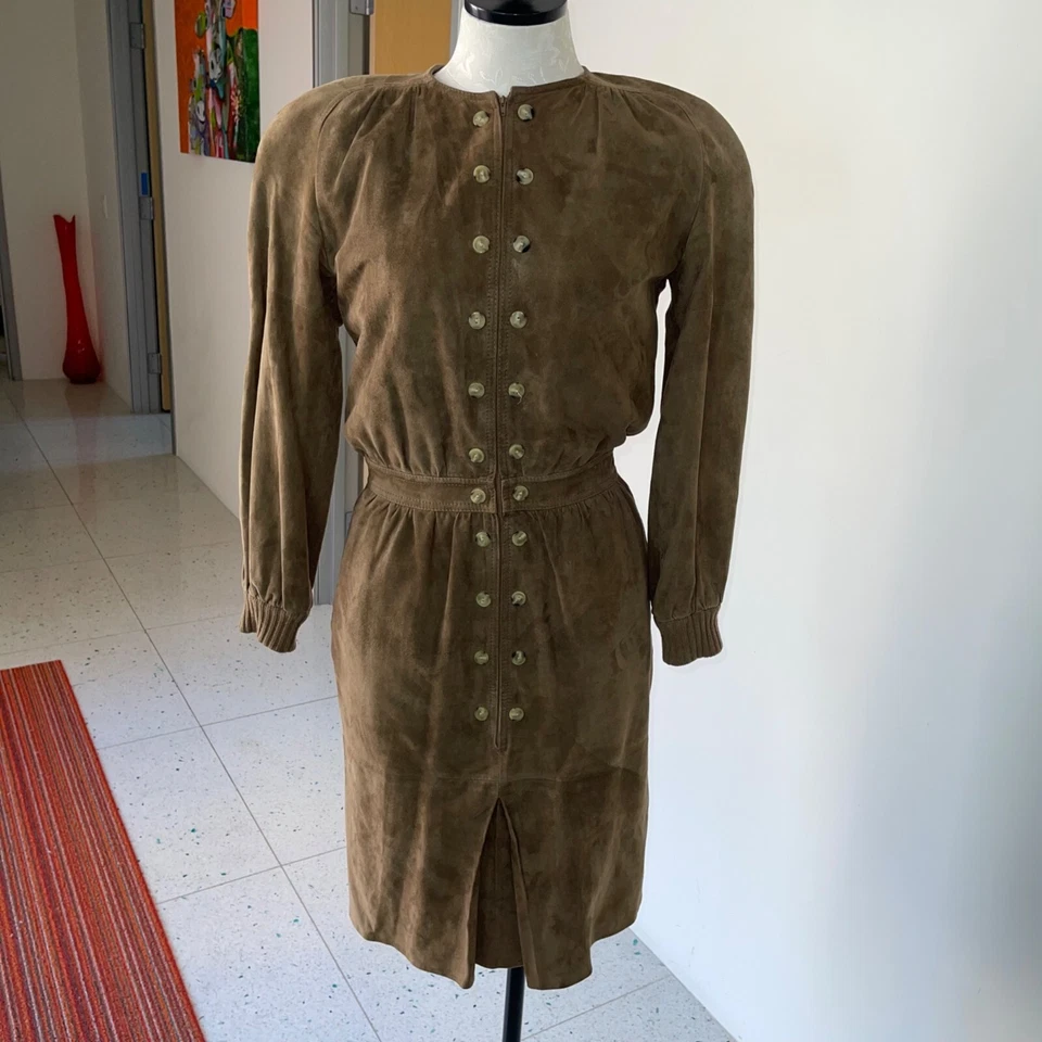 Vestido Valentino Vintage Mujer Talla Pequeña Cuero Marrón Gamuza Hecho en Italia Años 80 Foto 4 de 4