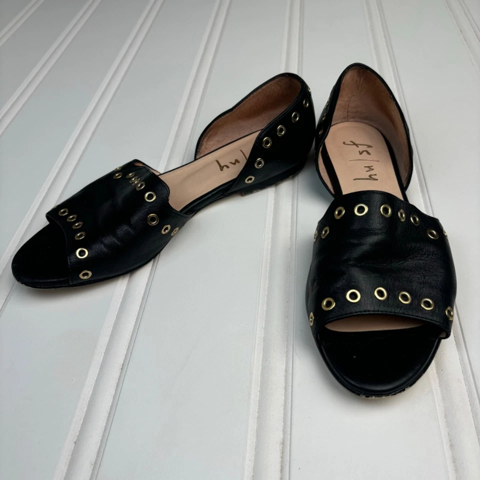 SUELA francesa Fs/Ny para mujer de cuero negro punta abierta plana con silbato de ojal dorado 8,5 Foto 3 de 4