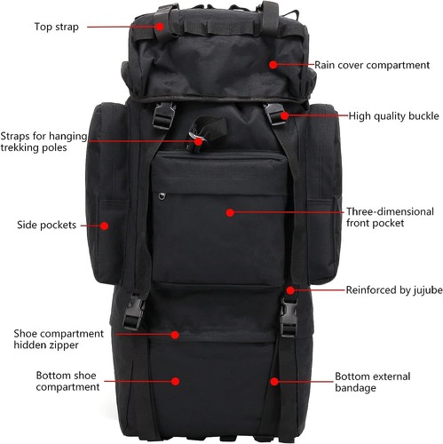 65L Tactical Backpack with Internal Frame Waterproof Rucksack for Camping Travel - Picture 6 of 22
