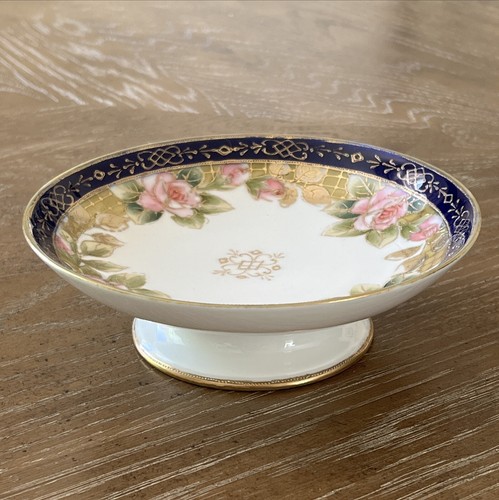 VTG Nippon Hand Painted Moriage Rose Design Small Compote Candy Dish Leaf Mark - Picture 3 of 15