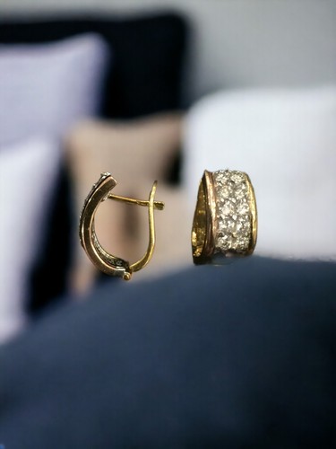 Pave 1.10 Cts F/VS1 Round Brilliant Diamonds Huggie Earrings 18K Two-Tone Gold - Picture 2 of 5