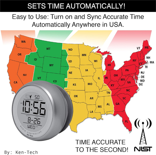 T-4660 Water Resistant Suction Cup Atomic Clock, Silver - Picture 4 of 6
