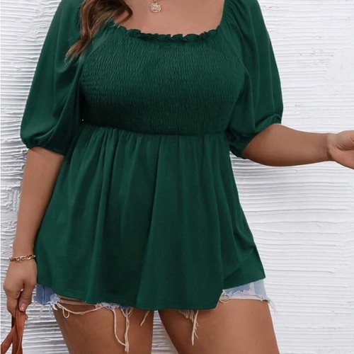 Übergröße elegantes grünes lockeres lässiges einfarbiges Kurzarm T-Shirt für Sommer - Bild 5 von 7