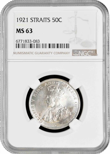 Straits Settlements 50 Cent 1921, NGC MS63, "King George V (1911 - 1935)"