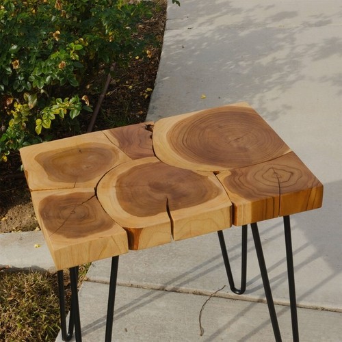 Handmade Rustic Reclaimed Rectangle Teak Wood Slice Side Table With Metal Decor - Picture 5 of 6