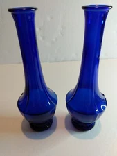 Vintage Cobalt Blue Art Deco 4-Paneled Bud Vase 8" Art Glass Mold Blown 2/set