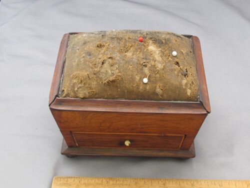 Antique FEDERAL/EMPIRE Rosewood Veneer Casket Form SEWING BOX-Pincushion Top - Picture 2 of 11