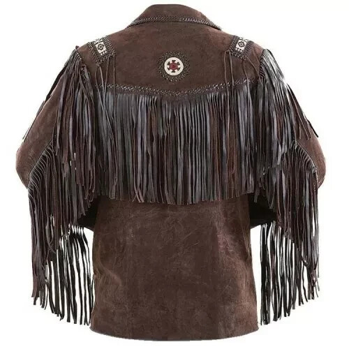 Men Western Cowboy Suede Fringe Jacket Beaded Native American Leather Jacket - Picture 2 of 5