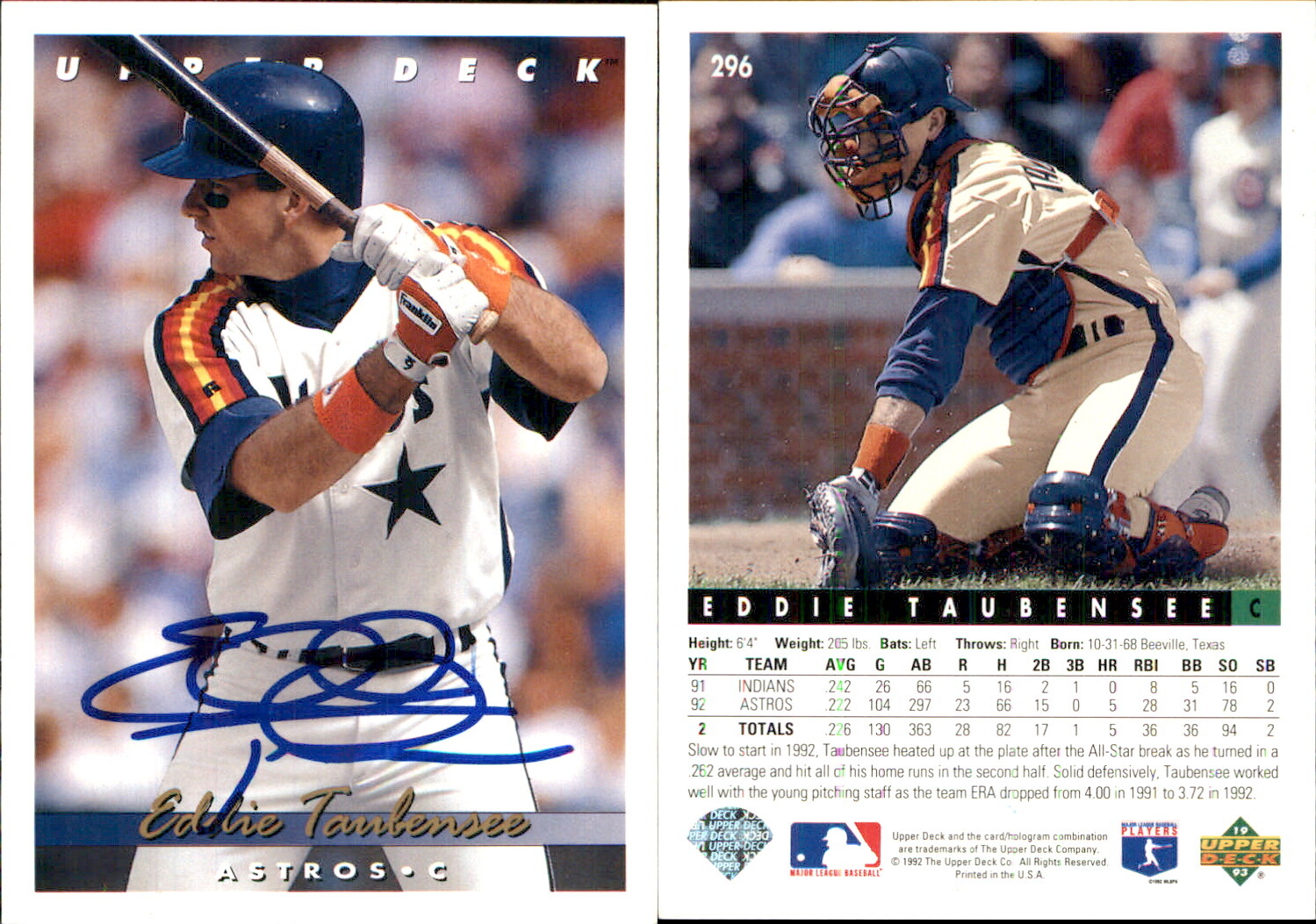 Eddie Taubensee Signed 1993 Upper Deck #296 Card Houston Astros Auto AU