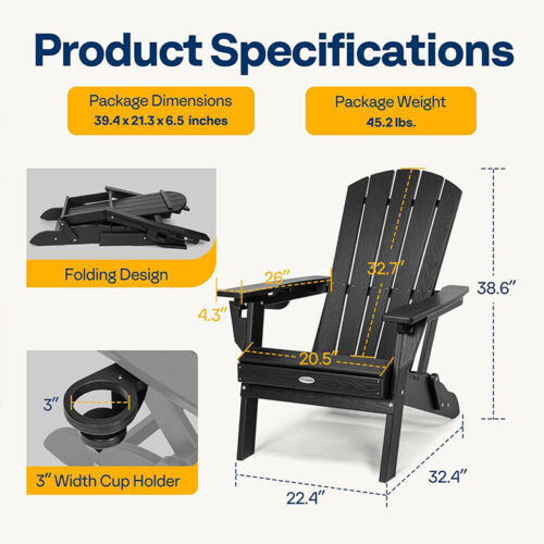 HDPE Adirondack Chair Patio Weather-Resistant w/ 3 Adjustable Angles, Cup Holder - Picture 3 of 7