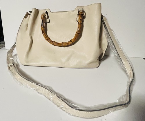 UNBILLION Depuis 1996 Purse Bag Wood Handles Detachable Strap Faux Leather Beige - Picture 1 of 12