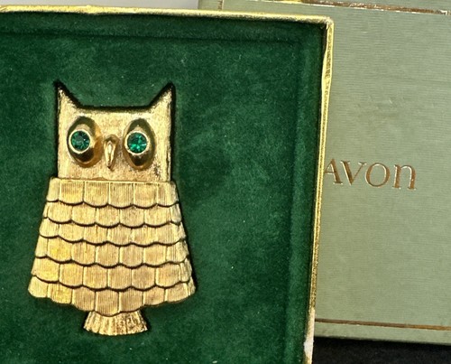 Vintage Avon Owl Brooch Perfume Locket Gold Tone Green Rhinestone Eyes With Box