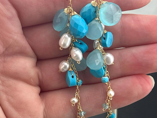 Aqua Chalcedony, Turquoise, Apatite & Pearl Cascade Earrings • 14K Gold Filled • - Picture 5 of 6