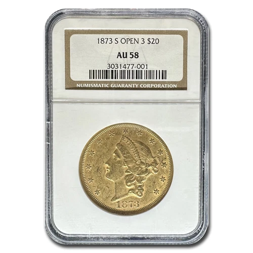 1873-S $20 Liberty Gold Double Eagle Open 3 AU-58 NGC