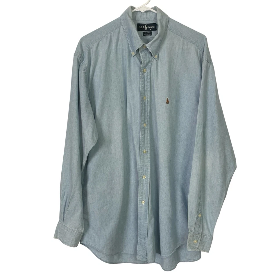 Vtg Ralph Lauren Blaire Shirt Mens L Blue Denim Long Sleeve Button Down Down - Image 2 of 4