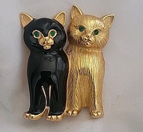 Vintage Swarovski Green Eyed Black & Gold Cat Kitten Pin Brooch - Picture 4 of 6