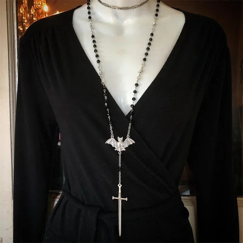 Collar Rosario Bruja Oculta Gótica Espada Tarot Y2K Murciélago Pequeñas Espinas Cuentas - Imagen 18 de 26