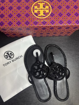 Tory Burch Women's Black Leather Thong Logo Medallion Slip-On Flat Sandal 6.5