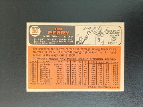 1966 Topps Set-Break #283 Jim Perry envío gratuito - Imagen 2 de 2
