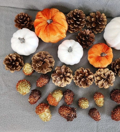 Fall Thanksgiving Bowl Filler Table Scatter Pumpkins Acorns Pinecones 35 Pc NEW - Picture 3 of 9