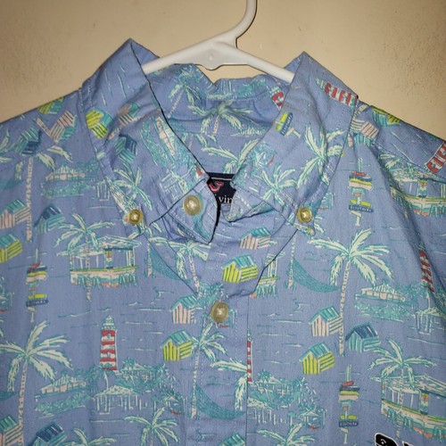 Vineyard Vines Men's Whale Shirt Small Short Sleeve Palm Trees Lighthouses Blue - Picture 2 of 5