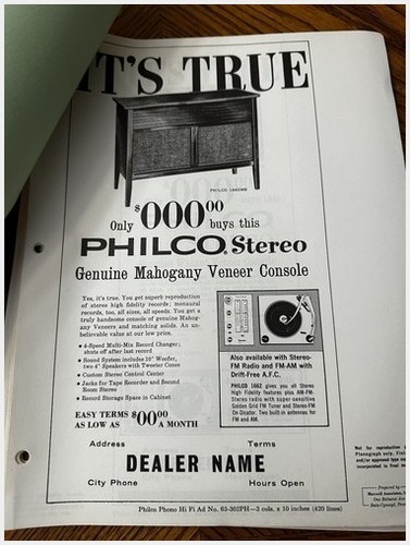 Anuncios y especificaciones de radio estéreo Hi-Fi servicio alfombrilla concesionario Philco Ford 1964 - Imagen 3 de 12