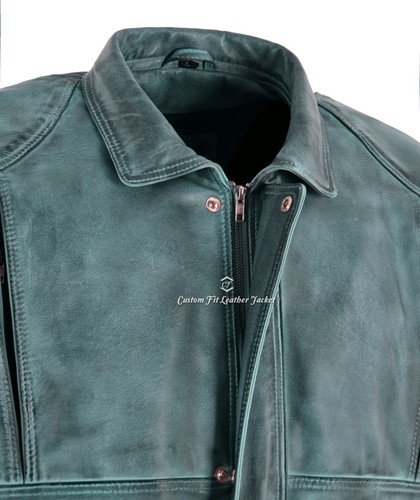 Men's Bomber Oversized Leather Jacket Sky Blue Waxed Multi Pockets Zipper Jacket - Picture 4 of 7