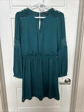 Express Emerald Green Floral Lace Key Hole Front Long Sleeve Chiffon Mini Dress