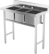 Freestanding 3-Compartment Commercial Sink Stainless Steel Utility Sink Silver