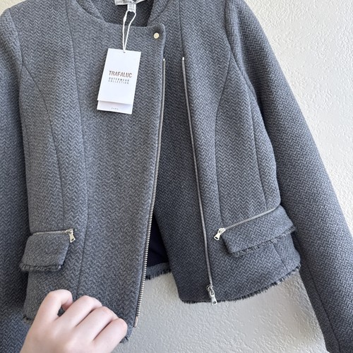ZARA TRAFALUC Cappotti Collezione Nuovi! Giacca Moto Misto Lana Grigio Nuova Con Etichetta Tg M Nuova Con Etichetta - Foto 2 di 15