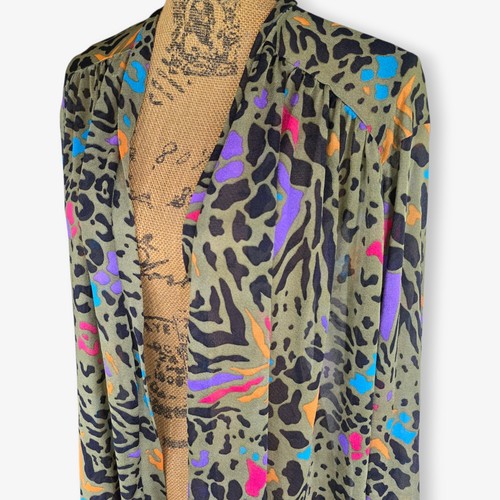 Vintage Oscar de la Renta Sheer Animal Print Cardigan Blouse Cover-Up Green L XL - Picture 2 of 12