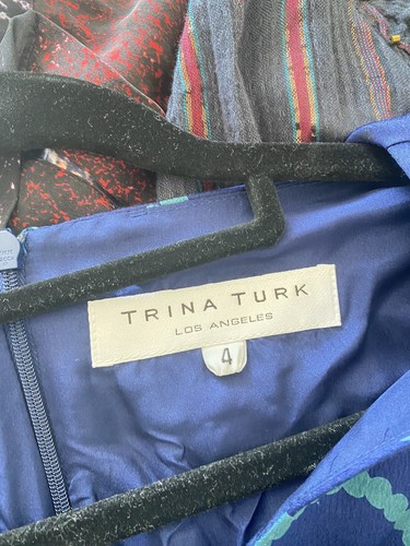 TRINA TURK SILK DRESS - SIZE 4 - NAVY TEAL PINK IVORY - MADE IN USA - DRAPED - Picture 10 of 11