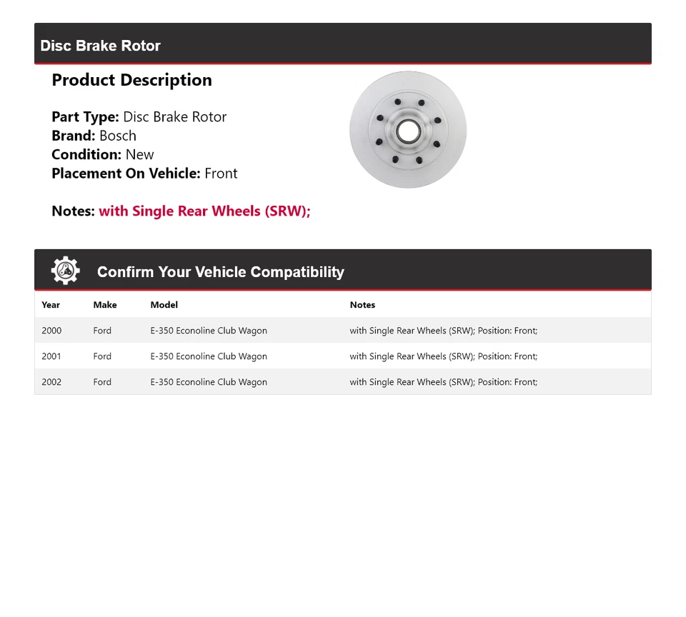 Rotor de freno de disco delantero 2001 para Ford E-350 Econoline Club Wagon Bosch 2000-2002 Foto 2 de 4