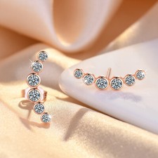 925 Sterling Silver Robover CZ Curve Bar Stud Earrings Women Girl Jewellery Gift