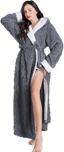 Women's fluffy hooded plush bathrobe Winter warm and soft ladies long bathrobe - Picture 4 of 7