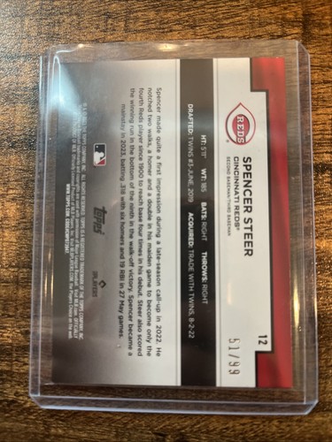2023 Topps Flagship Collection - Green #12 Spencer Steer /99 (RC) - Picture 2 of 2