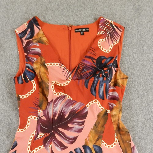 Guess Dress Small Red Midi VNeck Monstera Leaf Chain Tropical Floral Flower - Picture 2 of 14
